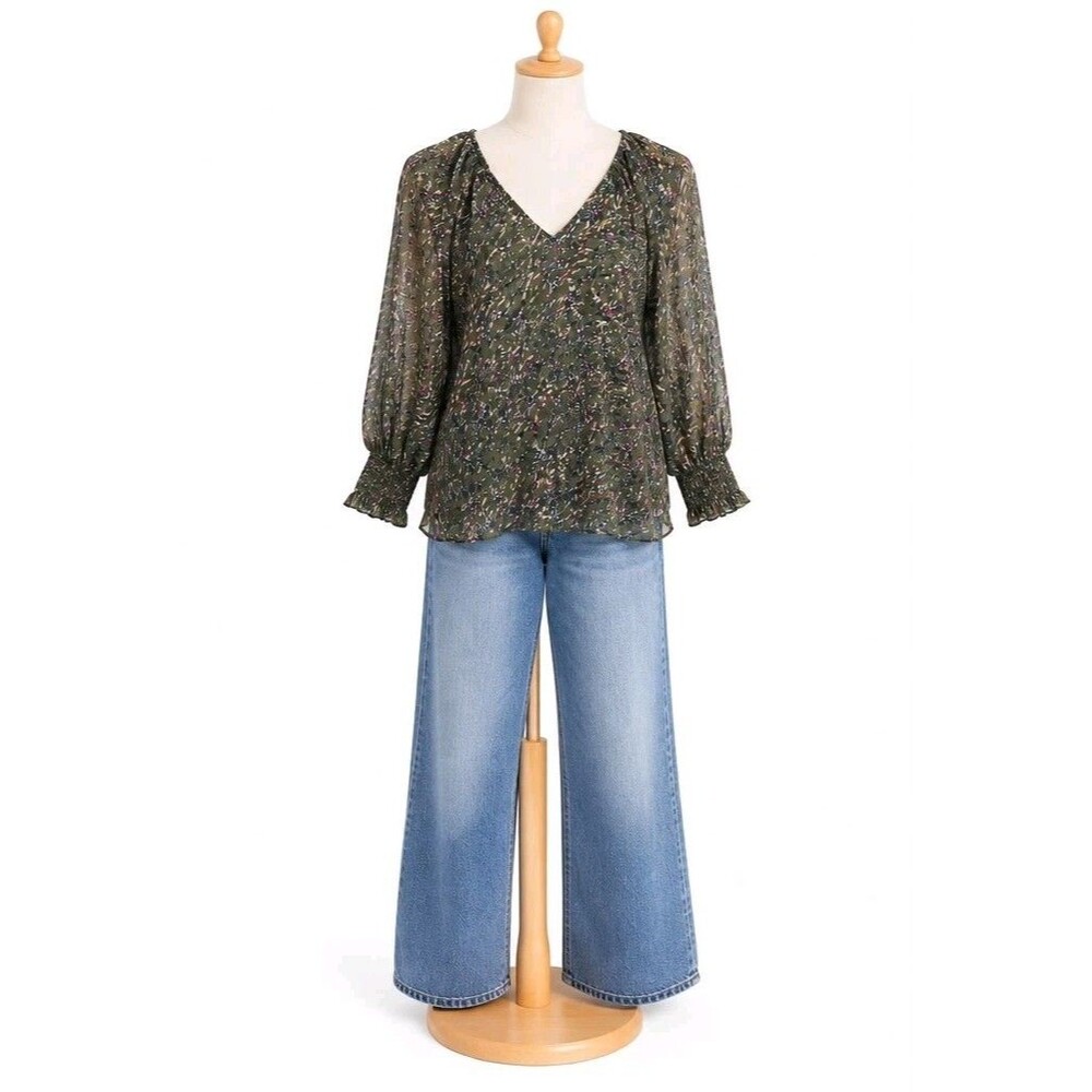 Ramy Brook New York Blouse Womens Small Olive Green Abstract Print V Neck